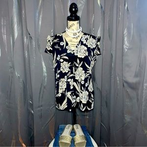 Karl Lagerfeld Paris Blouse Black Cream Floral V Neck Buttons Cap Sleeve Medium